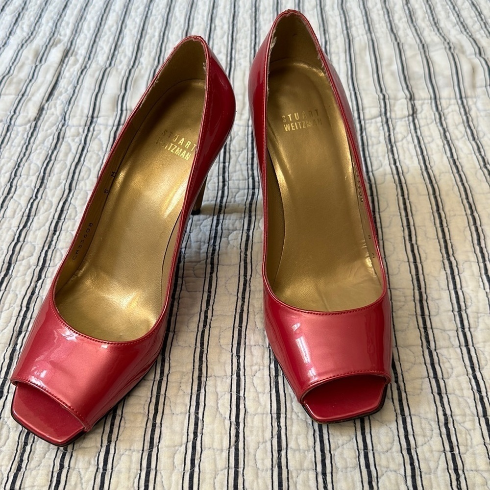 😊Stuart Weitzman Womens Metallic Pink Patent Leather Open Toe Pumps size… - Picture 2 of 16